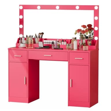 MIRROTOWEL 47.5” Vanity Desk with Large Mirror, 3 Colour Lighting Modes, Adjustable Brightness, Dresser with 3 Drawers & 2 Vertical Cabinets, Makeup Vanity Table for Women Girls - Image 7