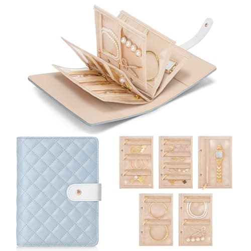 WOOMADA Travel Jewelry Organizer Case, Foldable Velvet Jewelry Storage Book with Clear Zipper Pouch for Rings, Necklaces, Earrings, Bracelets(Baby Blue) - Image 1