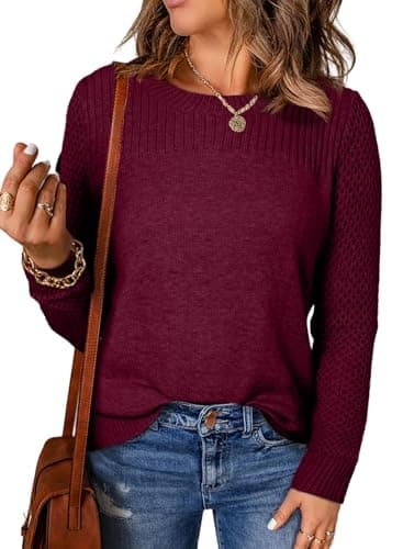 EVALESS Womens Sweaters Casual Long Sleeve Crewneck Cable Knit Lightweight Oversized Crochet Sweater Pullover Tops Burgundy Large - Image 1
