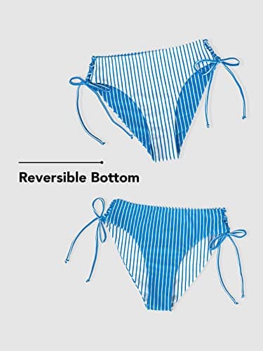 CUPSHE Women's Back Braided Straps Reversible Bottom Strappy Lace Up Bikini Sets, M Blue Stripe - Image 3