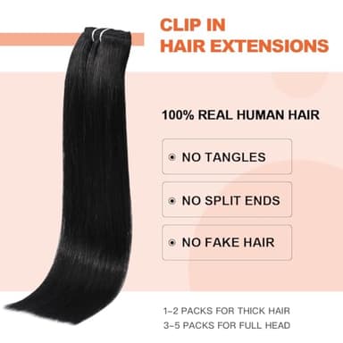 UGOTRAYS Black Hair Extensions Clip in Real Human Hair 120g 20 Inches 100% Remy Human Hair Natural Black Straight Double Weft for Full Head 7pcs 16clips One Pack - Image 3