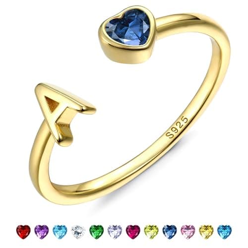 FIBO STEEL Initial Birthstone Rings for Women - 14K Gold Plated Sterling Silver Rings - Adjustable Stackable Dainty Gold Heart Cubic Zirconia Letter Ring Birthday Bridesmaid Gifts Jewelry A September - Image 1