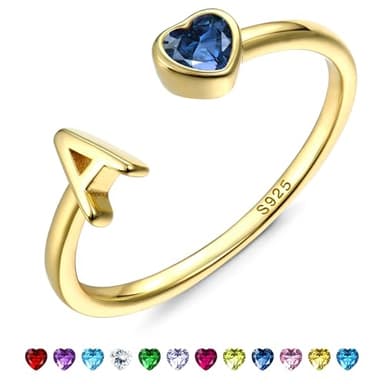 FIBO STEEL Initial Birthstone Rings for Women - 14K Gold Plated Sterling Silver Rings - Adjustable Stackable Dainty Gold Heart Cubic Zirconia Letter Ring Birthday Bridesmaid Gifts Jewelry A September - Image 1