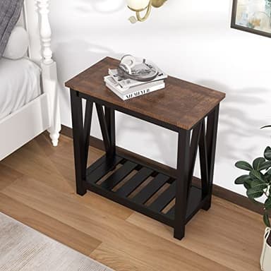 ChooChoo Farmhouse End Table, Rustic Vintage Narrow End Side Table with Storage Shelf for Small Spaces, Nightstand Sofa Table for Living Room, Bedroom Black 2 Pack - Image 6