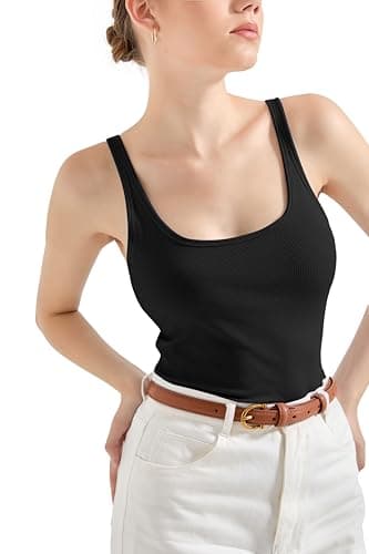 SUUKSESS Women Padded Cotton Ribbed Long Tank Tops 2025 Summer Going Out Basic Scoop Neck Cami Tops Sleeveless Casual Shirts (Black, M) - Image 4