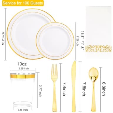 I00000 700Pcs Gold Dinnerware Set for 100 Guests, Plastic Plates for Party, Include: 100 Rim Dinner Plate, 100 Dessert Plate, 100 Paper Napkins, 100 Cups, 100 Gold Plastic Silverware Set - Image 3