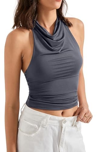 SUUKSESS Women Halter Backless Tank Tops Sexy Cowl Neck Summer Going Out Tops Sleeveless Camisole Top (Ash,XS) - Image 3