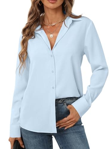 Light Blue Tops for Women Soft Chiffon Business Casual Button Up Shirt Fall Clothes Ladies Fashion Outfits Western Work Trendy Clothing Dusty Pale Light Blue Size S - Image 3