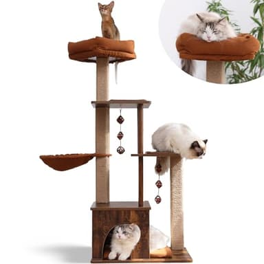 FUKUMARU Cat Tree, 4 in 1 Large Modern Cats Tower with Jute Scratching Post and Hammock, Wood Cat Condo with silvervine Balls, Brown Cat Climber Stand Playhouse for Indoor Cats, Retro Style - Image 1