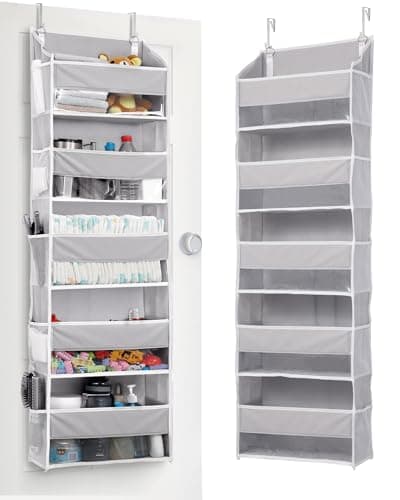 ULG 1 Pack Over Door Organizer with 5 Large Pockets 10 Mesh Side Pockets, 44 lbs Weight Capacity Hanging Storage Organizer with Clear Window for Kids Toys, Shoes, Diapers, Grey, 5 Layer - Image 1