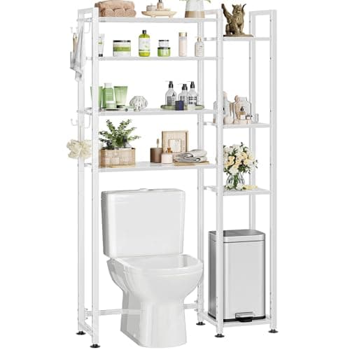 Simple Trending 8 Tier Over The Toilet Storage with Side Rack, Bathroom Organizer Metal Shelves for Towels, White - Image 1