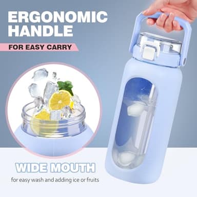 BLUEGO 64oz Glass Water Bottle with Handle and Straw, Motivational Sports Water Bottle with Time Marker and Silicone Sleeve Leakproof Drinking Bottle for Travel Gym Workout, Light Blue - Image 5