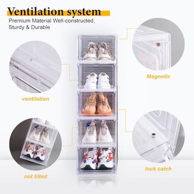 Attelite Shoe Box,Set of 6,Stackable Plastic Clear Shoe Box Organizer with Magnetic Door,Shoe Storage Box Thicken Sturdy,Easy Assembly,Fit up to US Size 12,Black - Image 4