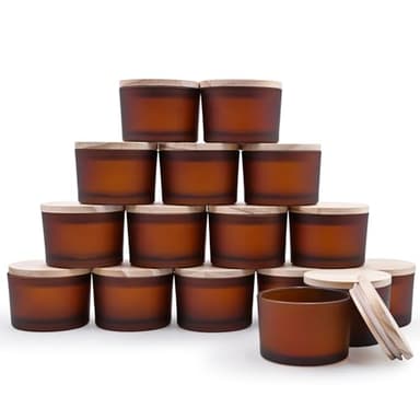 SHOWIN Thick Candle Jars for Making Candles 16 Pcs, 4 OZ Empty Jars with Wood Lids for Candle Making, Sample Container - Dishwasher Safe, Frosted Brown - Image 1
