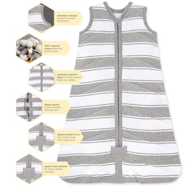 Burt's Bees Baby Baby Beekeeper Wearable Blanket, 100% Organic Cotton, Swaddle Transition Sleeping Bag, Quilted Grey Rugby, Large - Image 3