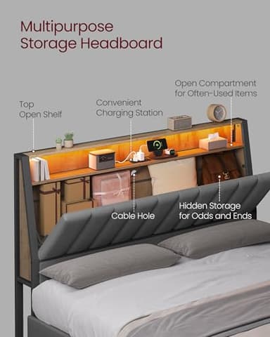 VASAGLE LED Bed Frame Queen Size, Storage Headboard and Charging Station, Queen Bed Frame with 2 AC Outlets, 1 USB Port, 1 Type-C Port, No Box Spring Needed, Dove Gray and Camel Brown URMB841G01 - Image 4