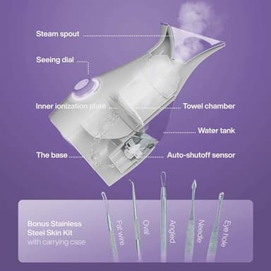 NanoSteamer Large 3-in-1 Nano Ionic Facial Steamer with Precise Temp Control - Humidifier - Unclogs Pores - Blackheads - Spa Quality - Bonus 5 Piece Stainless Steel Skin Kit (Lilac) - Image 2