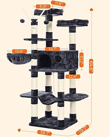 FEANDREA Cat Tree, Large Cat Tower, 64.6 Inches, Cat Activity Center with Hammock, Basket, Removable Fur Ball Sticks, Cat Condo, Smoky Gray UPCT087G01 - Image 6