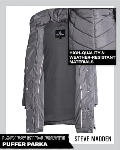 Steve Madden Women's Long Chervron Quilted Outerwear Jacket, Titanium, Medium - Image 3