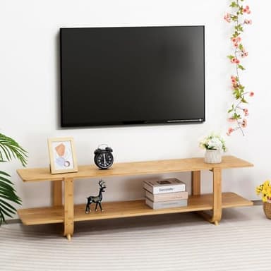 HollyHOME Bamboo TV Stand with Storage for TVs up to 65'', Modern Entertainment Center with 2 Open Shelf, Accent TV Media Console Table for Living Room, Bedroom, 55"(L), Burlywood - Image 1