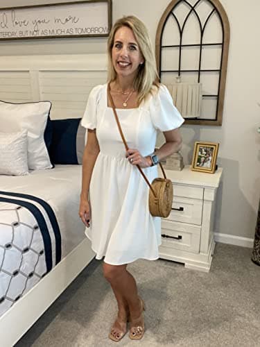 OFEEFAN White Dresses for Women Short Sleeve Mini Dress Summer Chiffon Cocktail Dress Square Neck S - Image 2