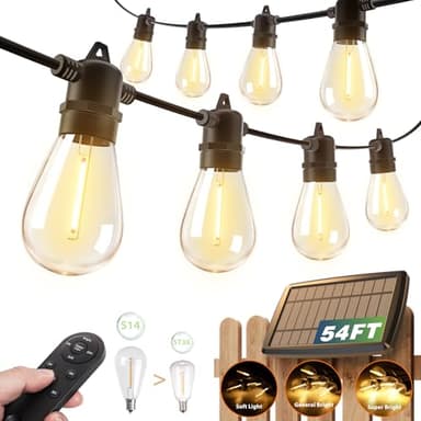 addlon 54FT(48+6) Solar String Lights Outdoor Waterproof with USB Charging & Remote Control - Dimmable Solar Power Patio Lights with LED Bulbs for Porch, Garden, Yard, Market, Bistro - Last for 20+Hrs - Image 1