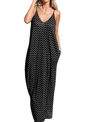 Poetsky Summer Dresses for Women Casual V Neck Spaghetti Strap Long Dresses Black Print M - Image 1