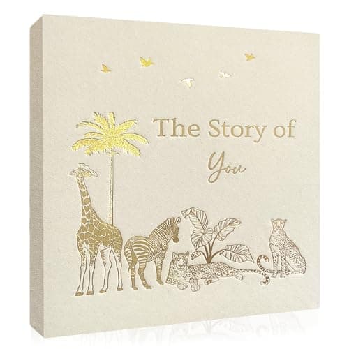 Eviepops Prints Baby Memory Book, Luxury Keepsake Gift for Mom to be, Milestone Record & Photo Album Birth to Age 5, Gender Neutral for Boy or Girl, Linen Fabric Safari Journal Scrapbook, Baby Shower - Image 1