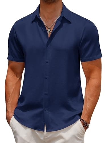 COOFANDY Men's Linen Shirts Short Sleeve Casual Button Down Shirts Summer Beach Resort Slim Fit T-Shirts - Image 1