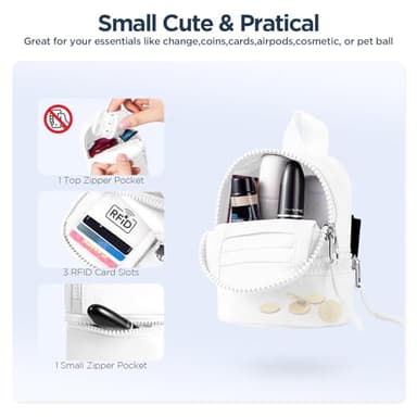 Babysun Mini Backpack Keychain Wristlet Pouch Small Change Coin Purse Cute Zipper Wallet With 3 RFID Card Slots For Women/Men Airpods Cosmetics (White) - Image 4
