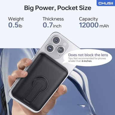 for Magsafe Portable Charger, 12000mAh Wireless Magnetic Power Bank with Stand and USB C in/Out Fast Charging, for Magsafe Battery Pack Compatible with iPhone 15/14/13/12 Pro/Pro Max Series-Black - Image 7