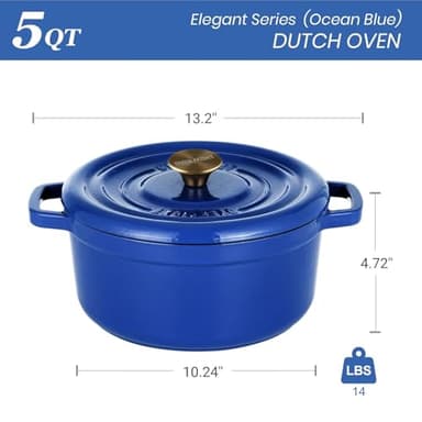 Overmont Enameled Cast Iron Dutch Oven - 5QT Pot with Lid Cookbook & Cotton Potholders - Heavy-Duty Cookware for Braising, Stews, Roasting, Bread Baking blue - Image 7