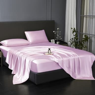Revdomfly 4 Pcs Full Size Luxury Silky Soft Pink Satin Sheet Set,1 Premium Moisture Wicking Fitted Sheet Fits Up to 16 Inches Deep Pocket + 1 Flat Sheet + 2 Pillowcases(Pink, Full) - Image 2
