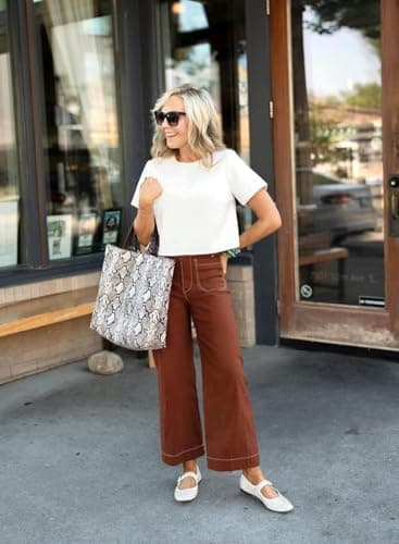 miduo Womens Slim Spring Pants Contrast-Stitch High Waist Zipper Button Cropped Wide Leg Trousers Straight Leg Pants with Pockets Brown 29 - Image 3