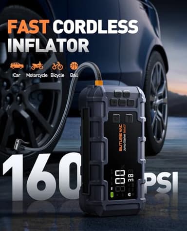 10-in-1 Portable Car Battery Jump Starter with Air Compressor 8000A 160PSI 45W Charger, Jump Starter Jump Box (All Gas 14L Diesel), Car Battery Jumper Starter Portable Jumper Cables, Gloves, Lights - Image 3