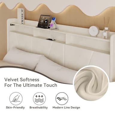 BedsPick Queen Size Bed Frame with LED Lights, Velvet Upholstered Platform Queen Bed Frame with 2 Storage Drawers and Adjustable Headboard, No Box Spring Needed Queen Bedframe (Beige, Queen) - Image 6