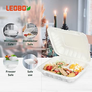 LEOBOX Takeout Container Mineral Filled PP Plastic - 55 Pack 8 Inch 34oz | Shrink Wrap BPA Free Food Container | Freezer & Microwave Safe for Food Delivery | White 3 Compartment Disposable Lunch Boxes - Image 5