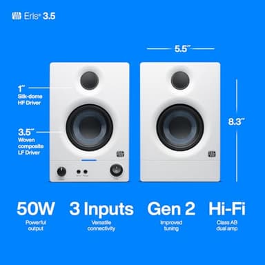 PreSonus Eris 3.5 Studio Monitors (White), Pair — 3.5" Inch Powered Bookshelf Speakers, Stereo, Desktop Computer, Near Field Music Production, Audio Mixing Recording - Image 6