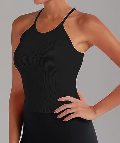 Sunzel Women's Ribbed Tank Tops, Seamless Crop Top, Long Basics Camisole Shirts with Racerback & Scoop Neck for Workout Yoga 2 Packs Black Black M - Image 4