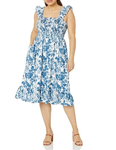 The Drop Women's Kimi Ruffled Shoulder Smocked Midi Dress, Blue Floral, XS - Image 4