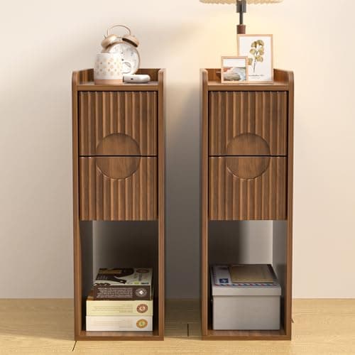 Narrow Fluted Nightstand Set of 2, Wooden Small 2 Drawer Nightstand, Slim Side End Table, Vintage Bedside Table, Mid Century Modern Night Stand with Drawers, for Living Room, Bedroom, Walnut - Image 1