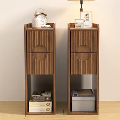 Narrow Fluted Nightstand Set of 2, Wooden Small 2 Drawer Nightstand, Slim Side End Table, Vintage Bedside Table, Mid Century Modern Night Stand with Drawers, for Living Room, Bedroom, Walnut - Image 1