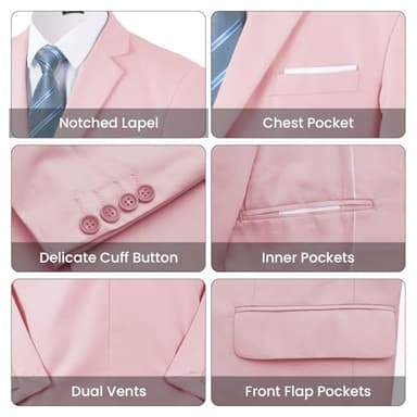 MAGE MALE Mens Two Button 3-Piece Suits Slim Fit Tuxedo Set with Blazer Jacket Vest & Pants for Wedding Prom Business Light Pink - Image 3