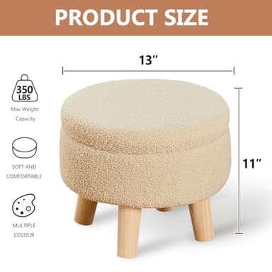 Wimarsbon Storage Ottoman, Modern Round Footrest with Soft Padded Seat, Teddy Velvet Footstool with Wood Legs, Accent Small Table or Plant Stand for Hallway, Living Room (Off-White) - Image 3