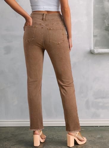 Sidefeel Women's Brown Jeans High Waisted Tummy Control Strechy Straight Leg Denim Summer Pants Size 8 - Image 2