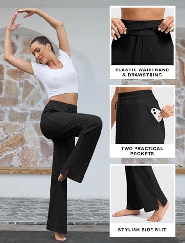 addigi Yoga Pants Women High Waisted Wide Leg Pants with Pockets Drawstring Loose Stretch Dress Pants Comfy Lounge Sweatpants Regular Black Large - Image 4
