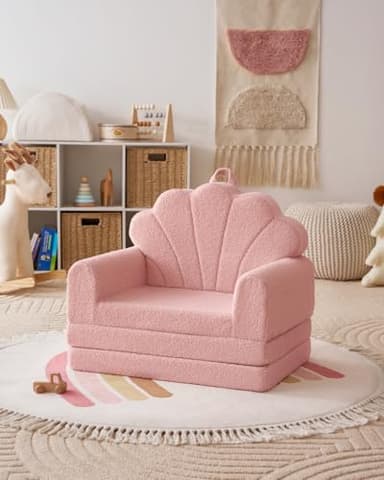 Blissful Diary Kids Couch, 2-in-1 Soft Toddler Couch Fold Out, Toddler Chair Comfy, Convertible Sofa to Lounger, Kids Furniture for Playroom, Gift for Birthday, Children's Day, Pink Shell - Image 8