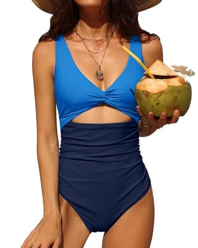 Charmo Womens One Piece Swimsuit Ruched Tummy Control High Cut Backless V Neck Bathing Suits Swimwear Navy Color Block Medium - Image 1