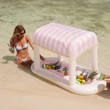 FUNBOY Giant Floating Pink Cabana Stripe Drink Station, Removable Fabric Shade with Fringe, Perfect for Parties, Table-Top Decorations and in-Pool Refreshments. - Image 6