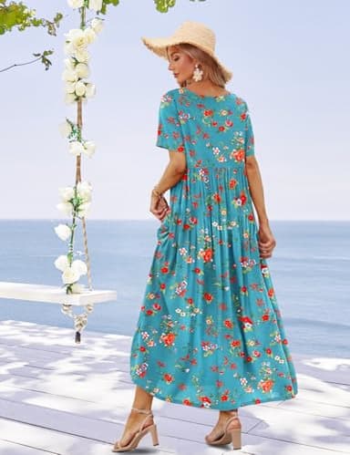 YESNO Women Casual Loose Bohemian Floral Dress with Pockets Short Sleeve Long Maxi Summer Beach Swing Dress XL EJF CR14 - Image 4